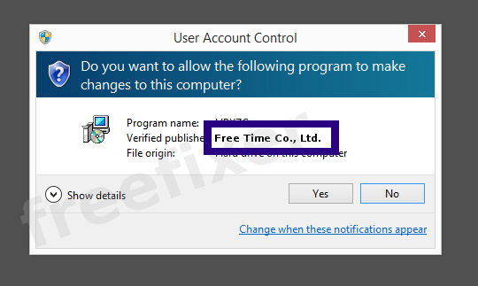 Screenshot where Free Time Co., Ltd. appears as the verified publisher in the UAC dialog
